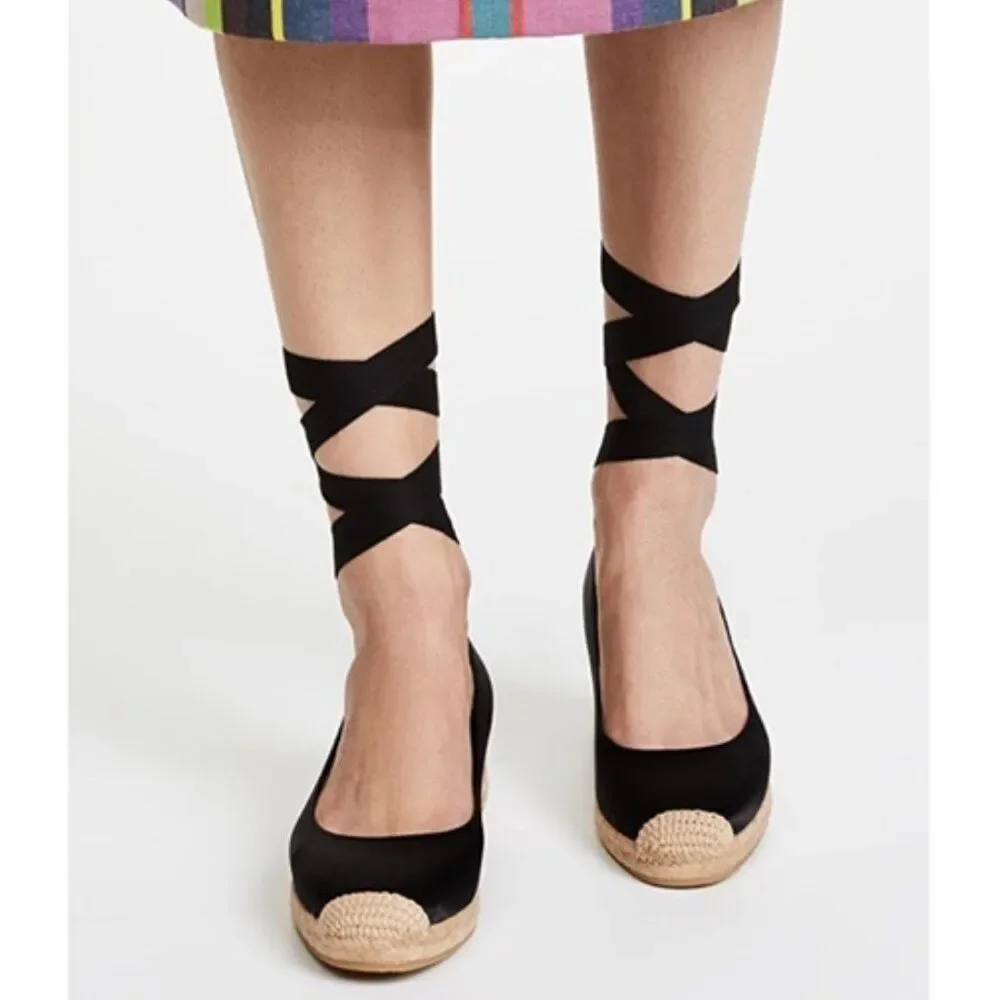 Tory Burch Heather Satin Wedge Espadrille In Black Size 6.5